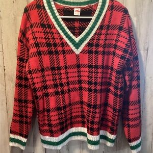 Red and Black Plaid V-Neck Sweater